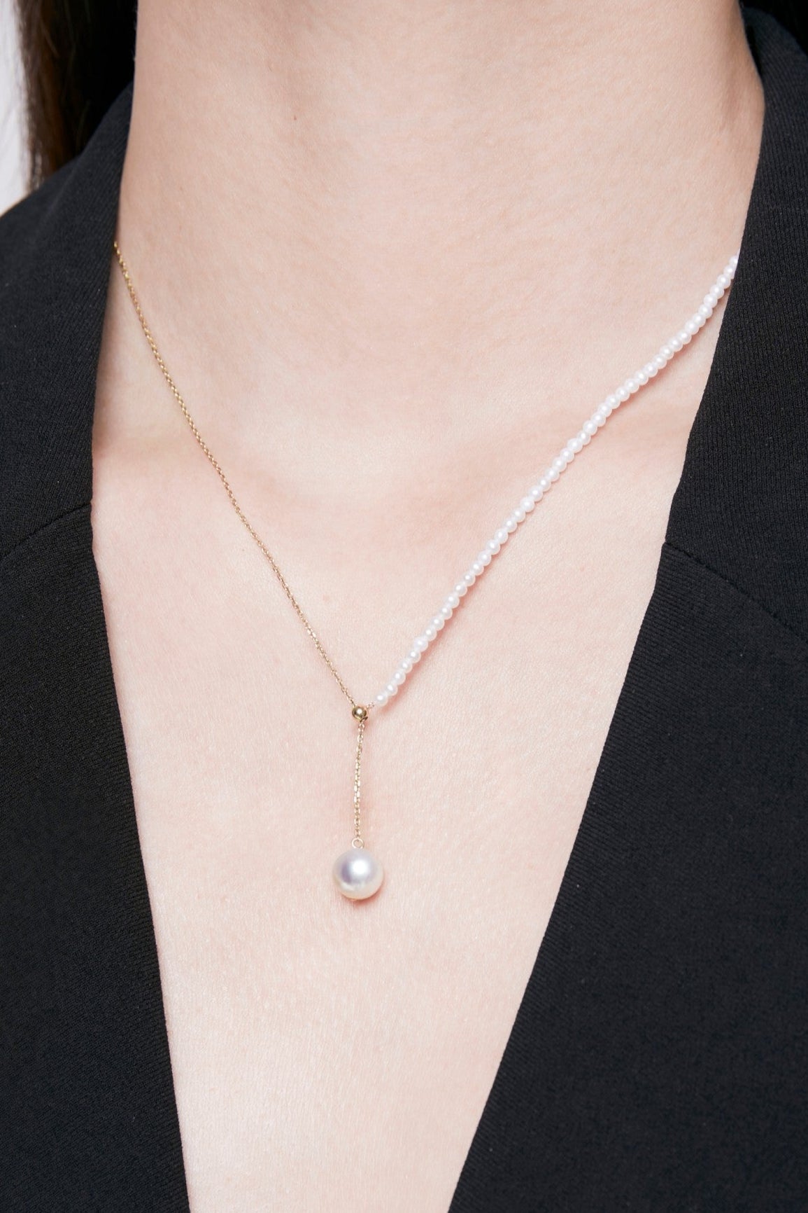 Half Pearl Half Chain Long Neacklace - 18K Solid Gold - YIN Fine Jewelry - Chinese Modern Gold Jewelry