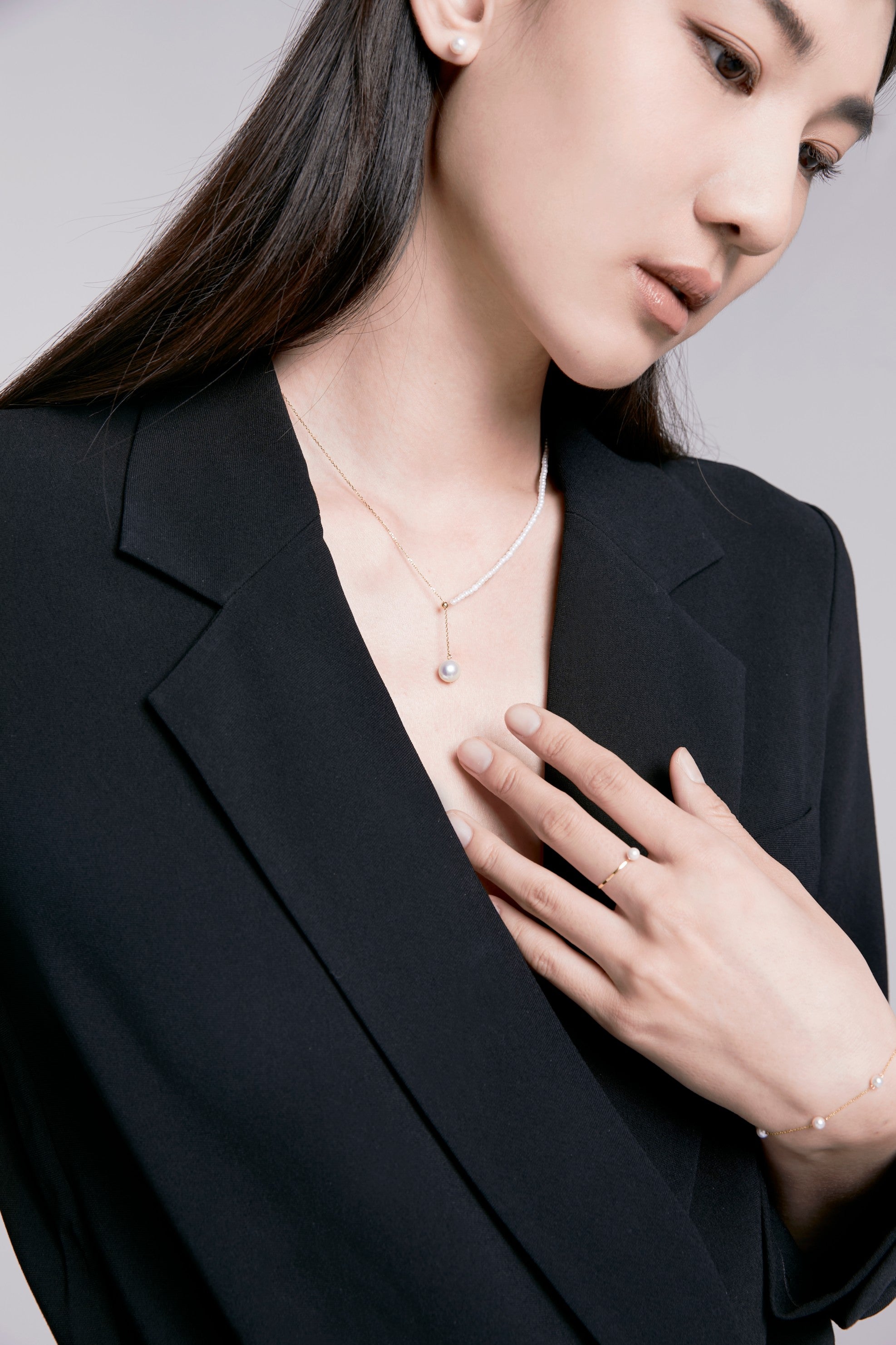 Half Pearl Half Chain Long Neacklace - 18K Solid Gold - YIN Fine Jewelry - Chinese Modern Gold Jewelry