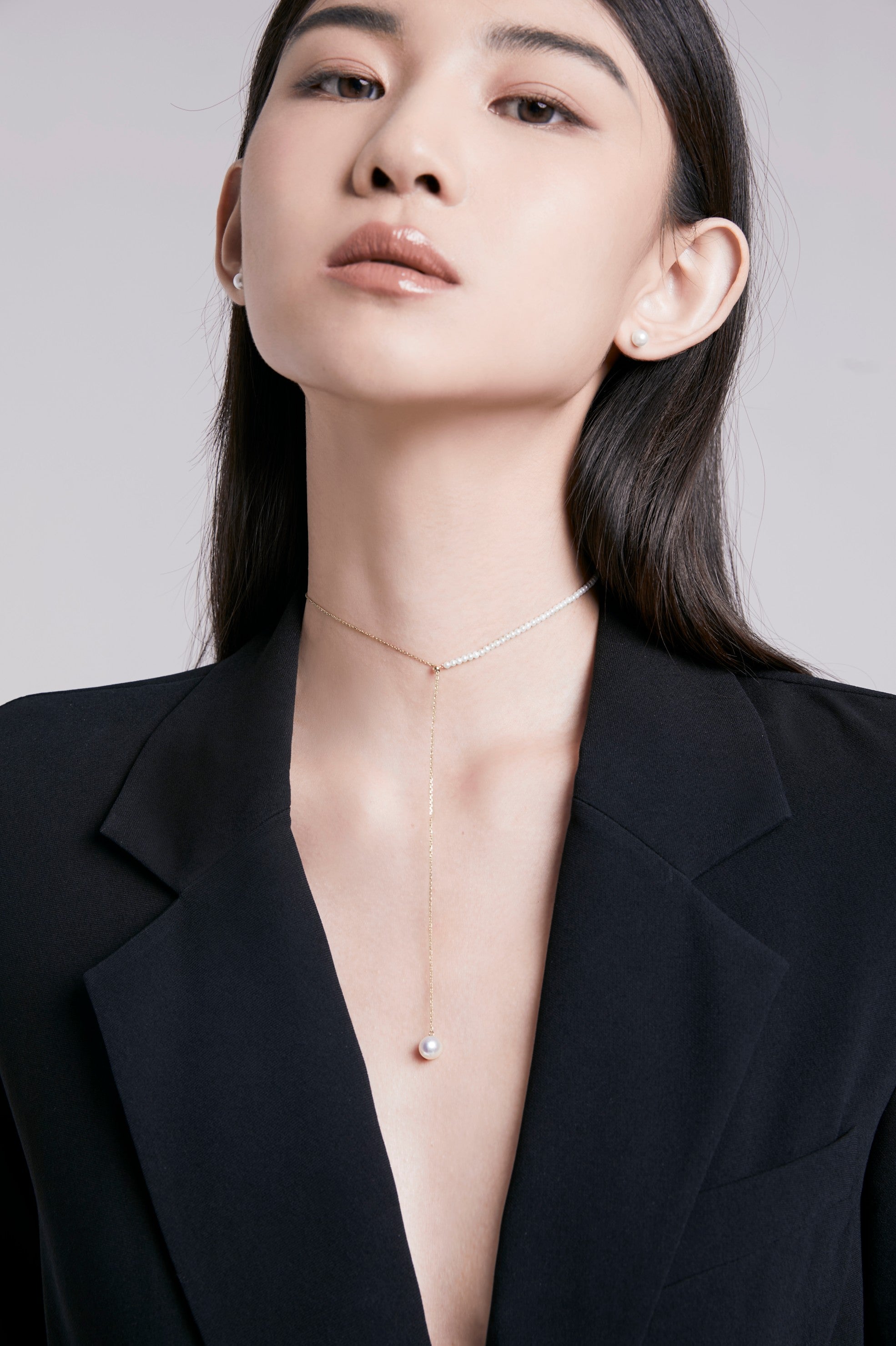 Half Pearl Half Chain Long Neacklace - 18K Solid Gold - YIN Fine Jewelry - Chinese Modern Gold Jewelry