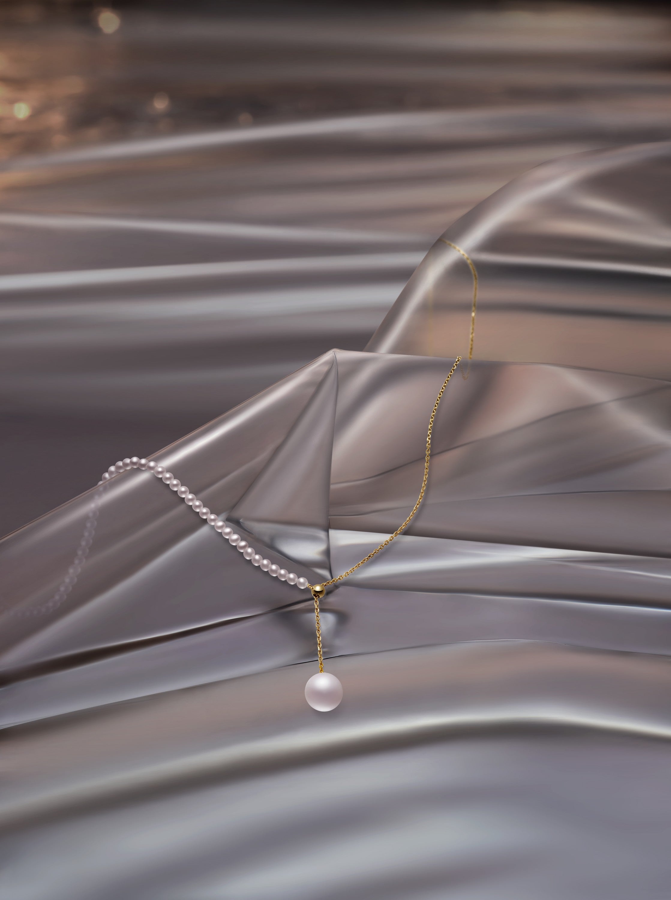 Half Pearl Half Chain Long Neacklace - 18K Solid Gold - YIN Fine Jewelry - Chinese Modern Gold Jewelry