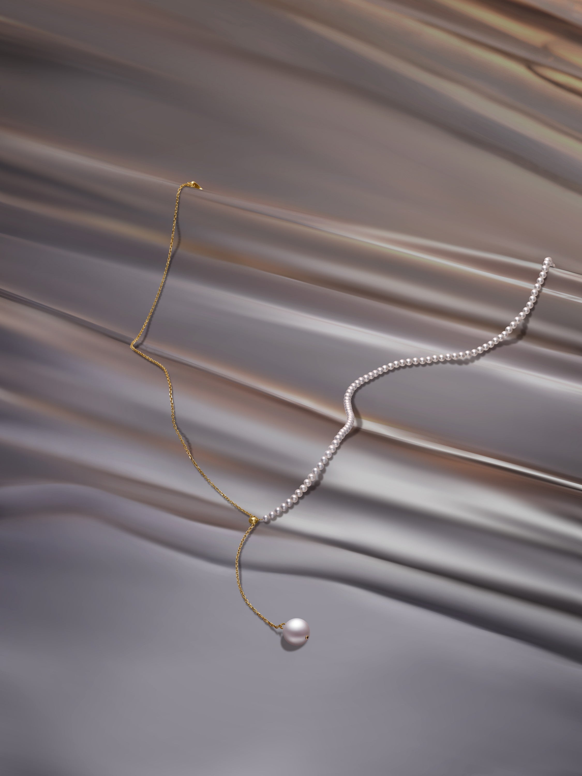 Half Pearl Half Chain Long Neacklace - 18K Solid Gold - YIN Fine Jewelry - Chinese Modern Gold Jewelry