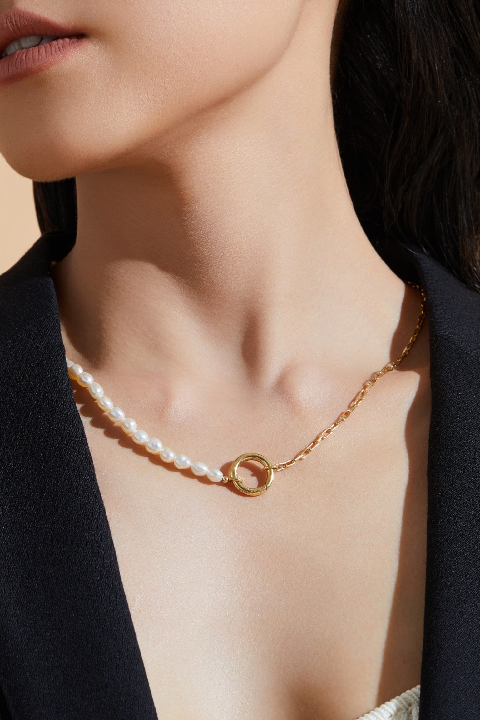 Half Pearl Half Chain Neacklace - 18K Solid Gold - YIN Fine Jewelry - Chinese Modern Gold Jewelry