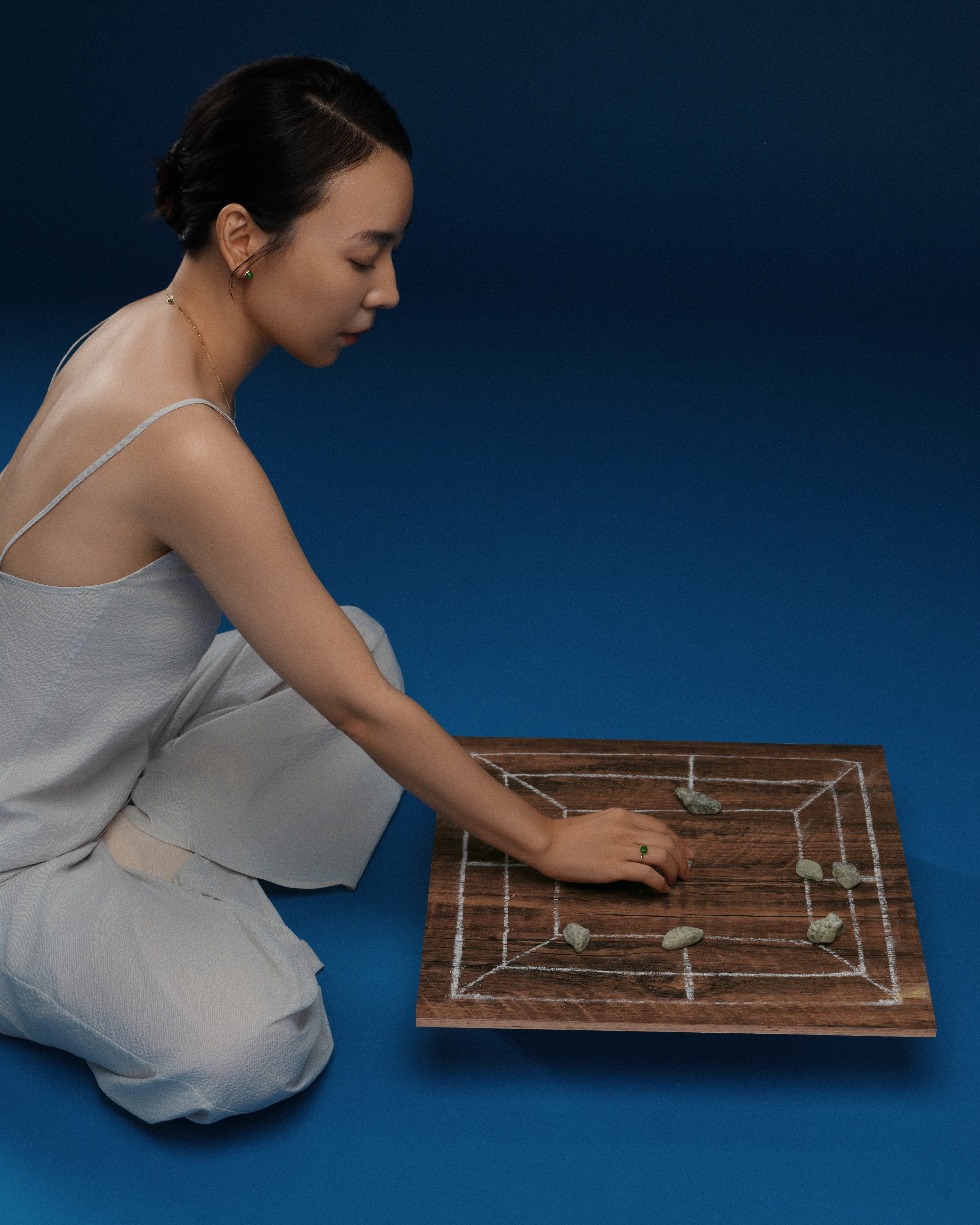 The Game of Weiqi 3/4 Jade Earrings - 18K Solid Gold - YIN Fine Jewelry - Chinese Modern Gold Jewelry