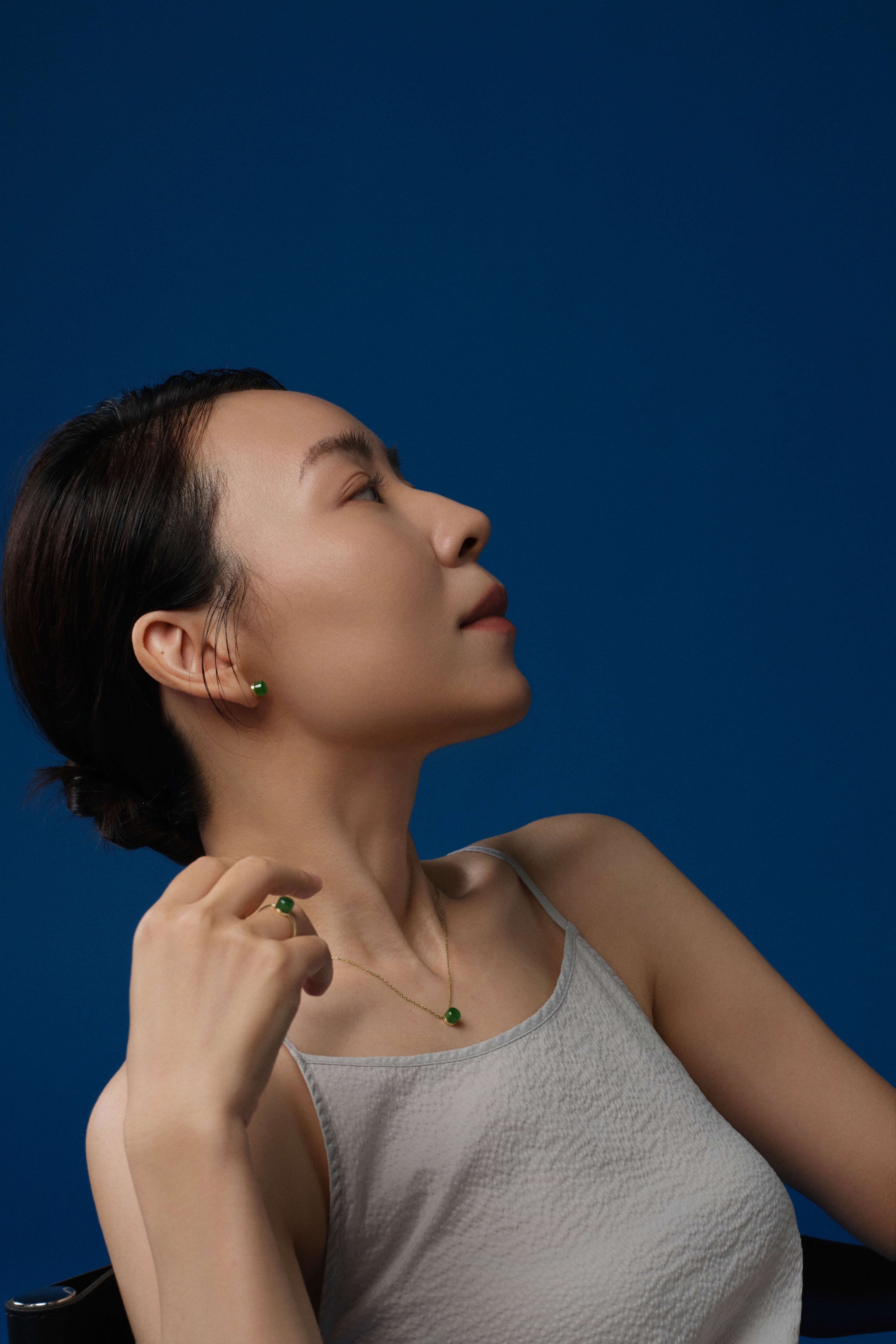 The Game of Weiqi 3/4 Jade Earrings - 18K Solid Gold - YIN Fine Jewelry - Chinese Modern Gold Jewelry