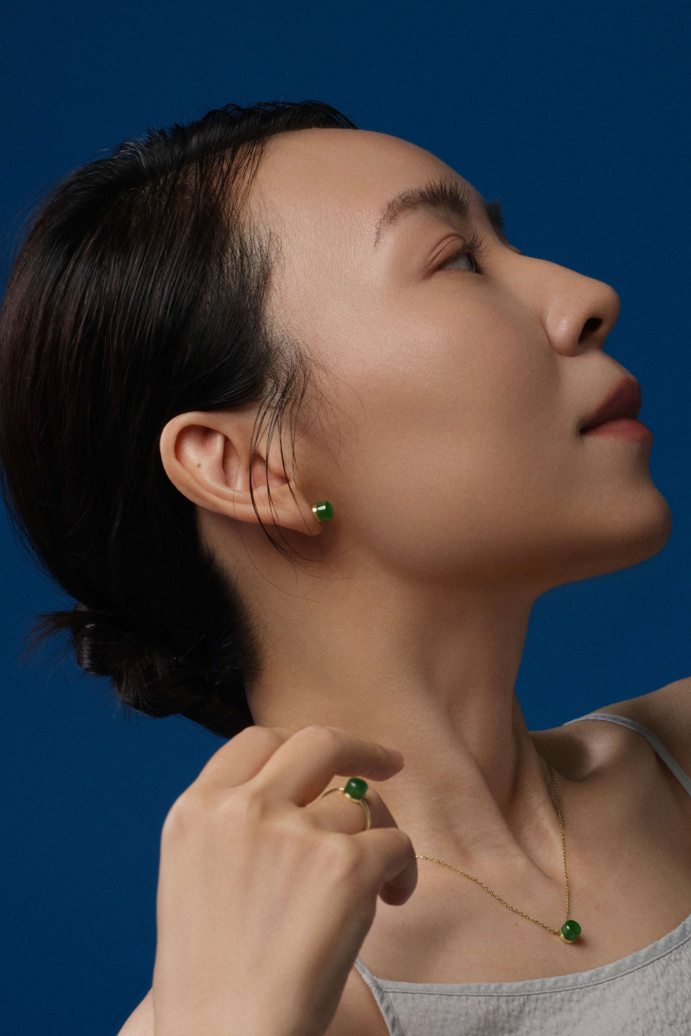 The Game of Weiqi 3/4 Jade Earrings - 18K Solid Gold - YIN Fine Jewelry - Chinese Modern Gold Jewelry