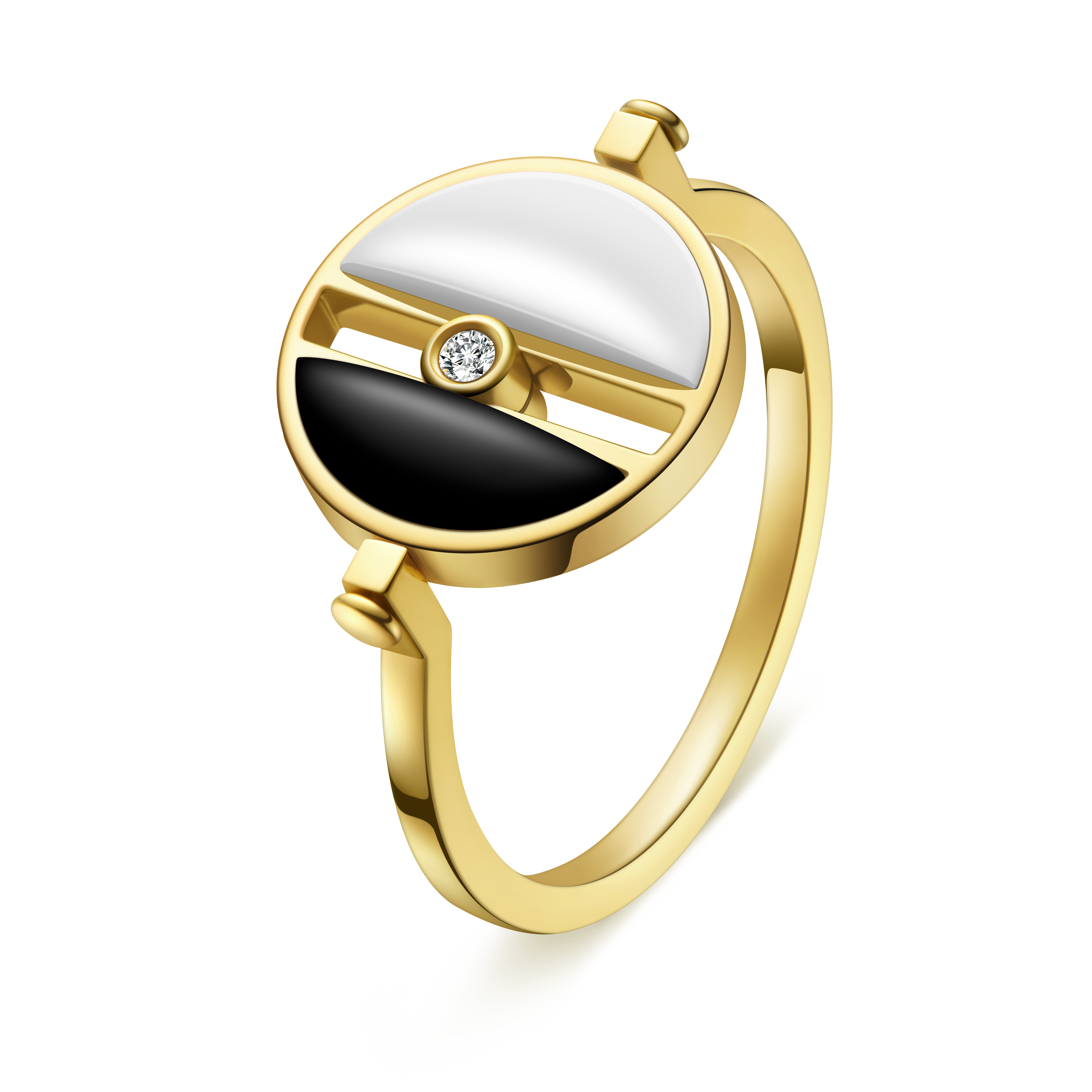 The Game of Weiqi Black & White Jade Flip Ring - 18K Solid Gold - YIN Fine Jewelry - Chinese Modern Gold Jewelry