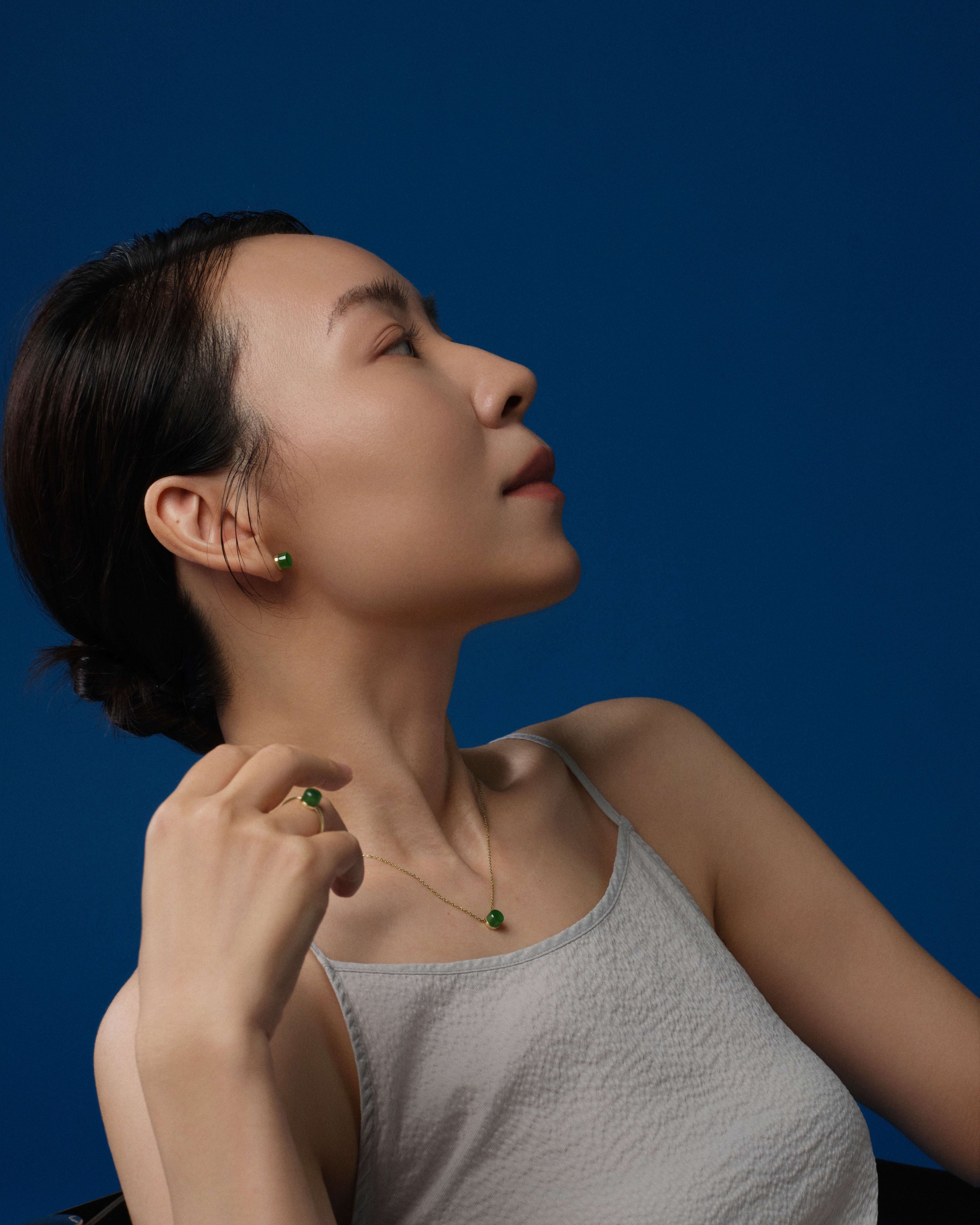 The Game of Weiqi 3/4 Jade Earrings - 18K Solid Gold - YIN Fine Jewelry - Chinese Modern Gold Jewelry