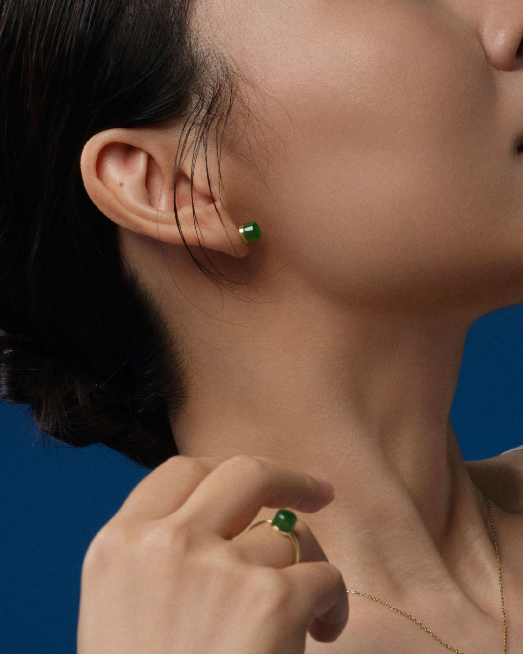 The Game of Weiqi 3/4 Jade Earrings - 18K Solid Gold - YIN Fine Jewelry - Chinese Modern Gold Jewelry